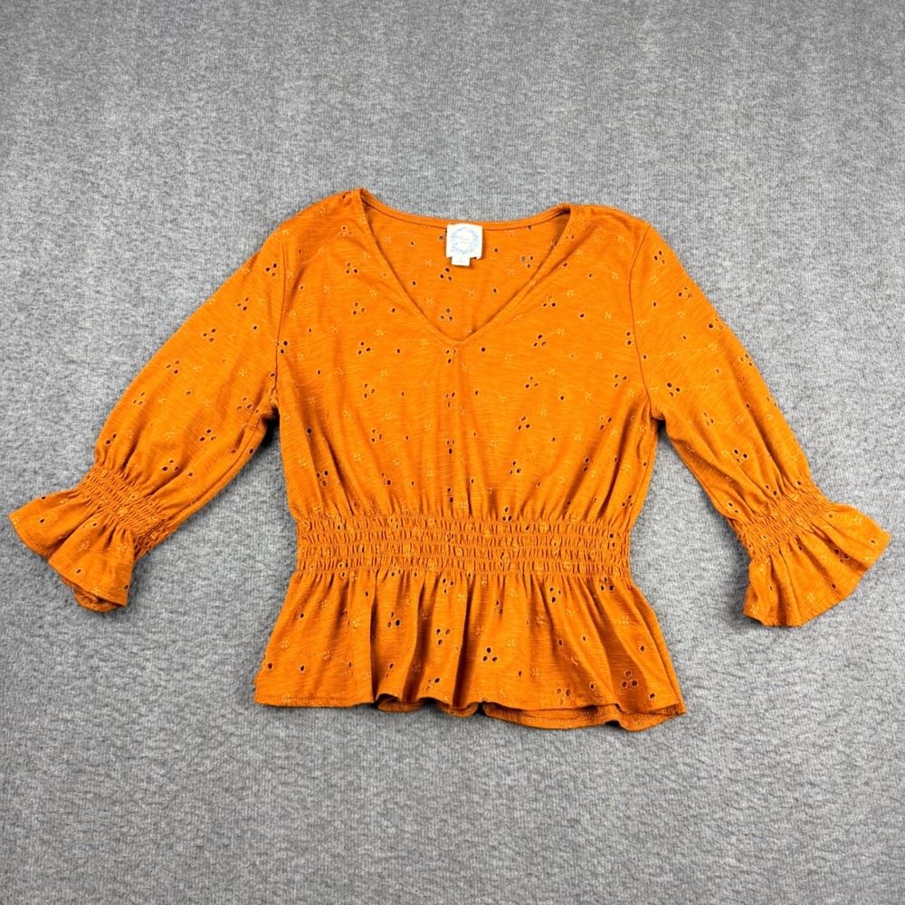 Blue Rain Eyelet Peplum Top Women's S Small Burnt Orange V-Neck Smocked Ruffle